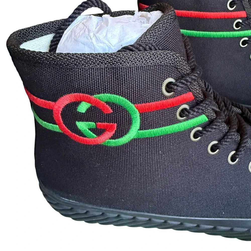 Gucci 703033 Mens Interlocking G High Black‎ Canvas Sneakers Sizd G 7.5